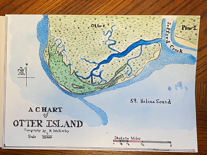 Completed watercolor map of Otter Island, South Carolina