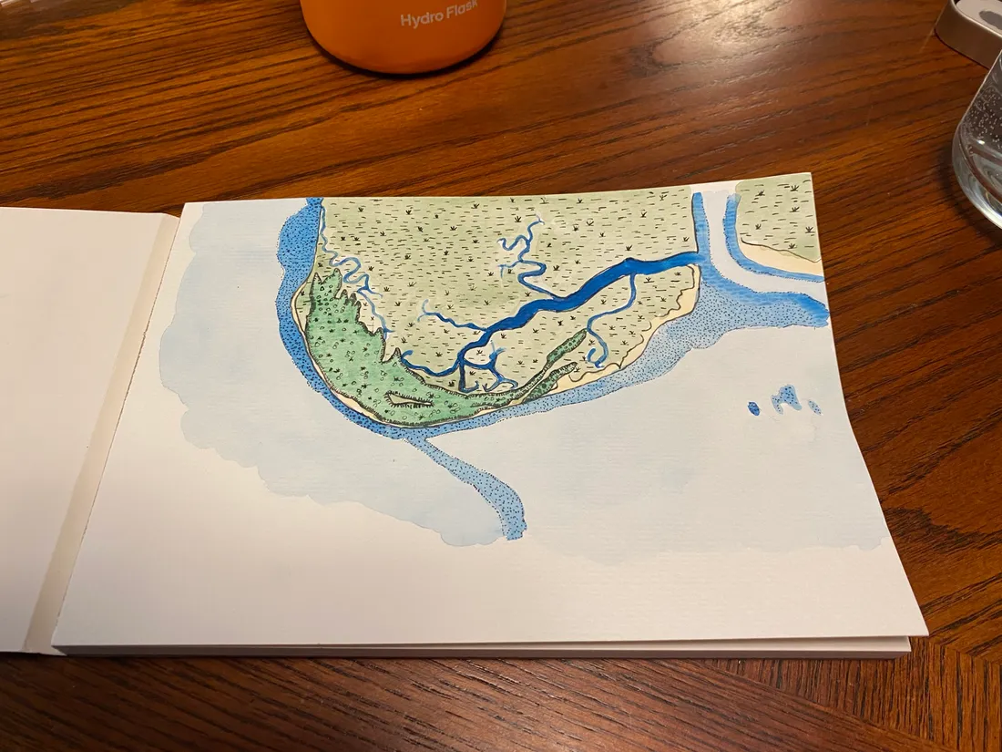 Partial process view of the Otter Island watercolor map