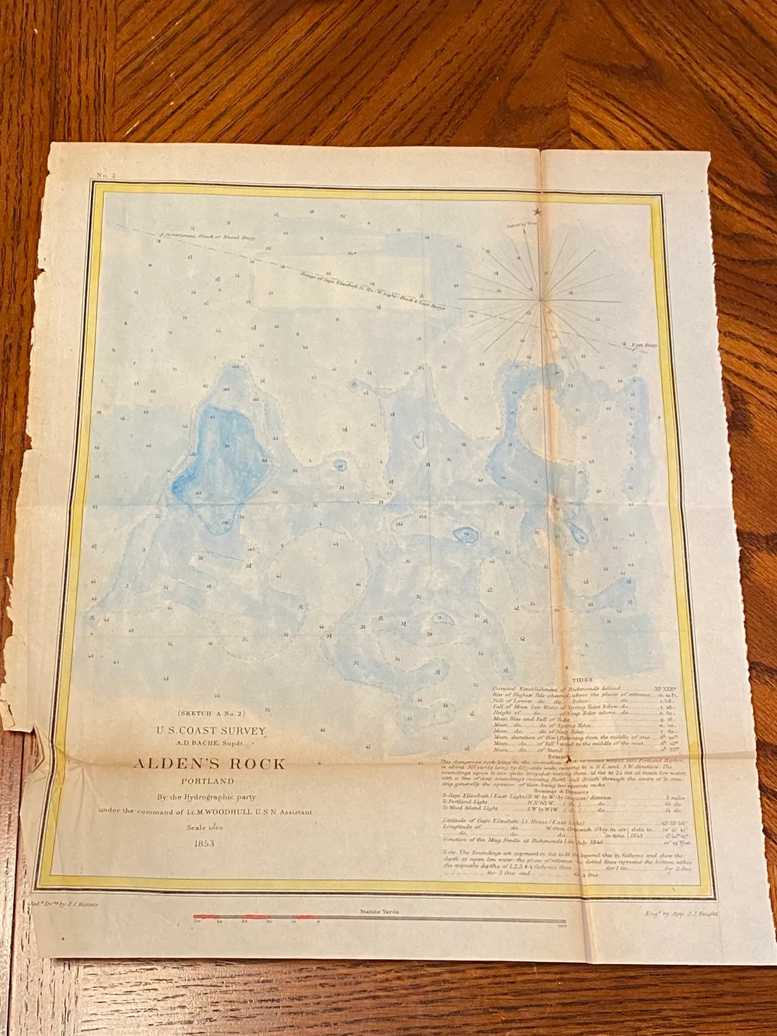 Alden's Rock coastal survey print with pale blue watercolor added