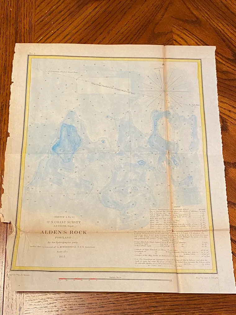 Alden's Rock coastal survey print with pale blue watercolor added.