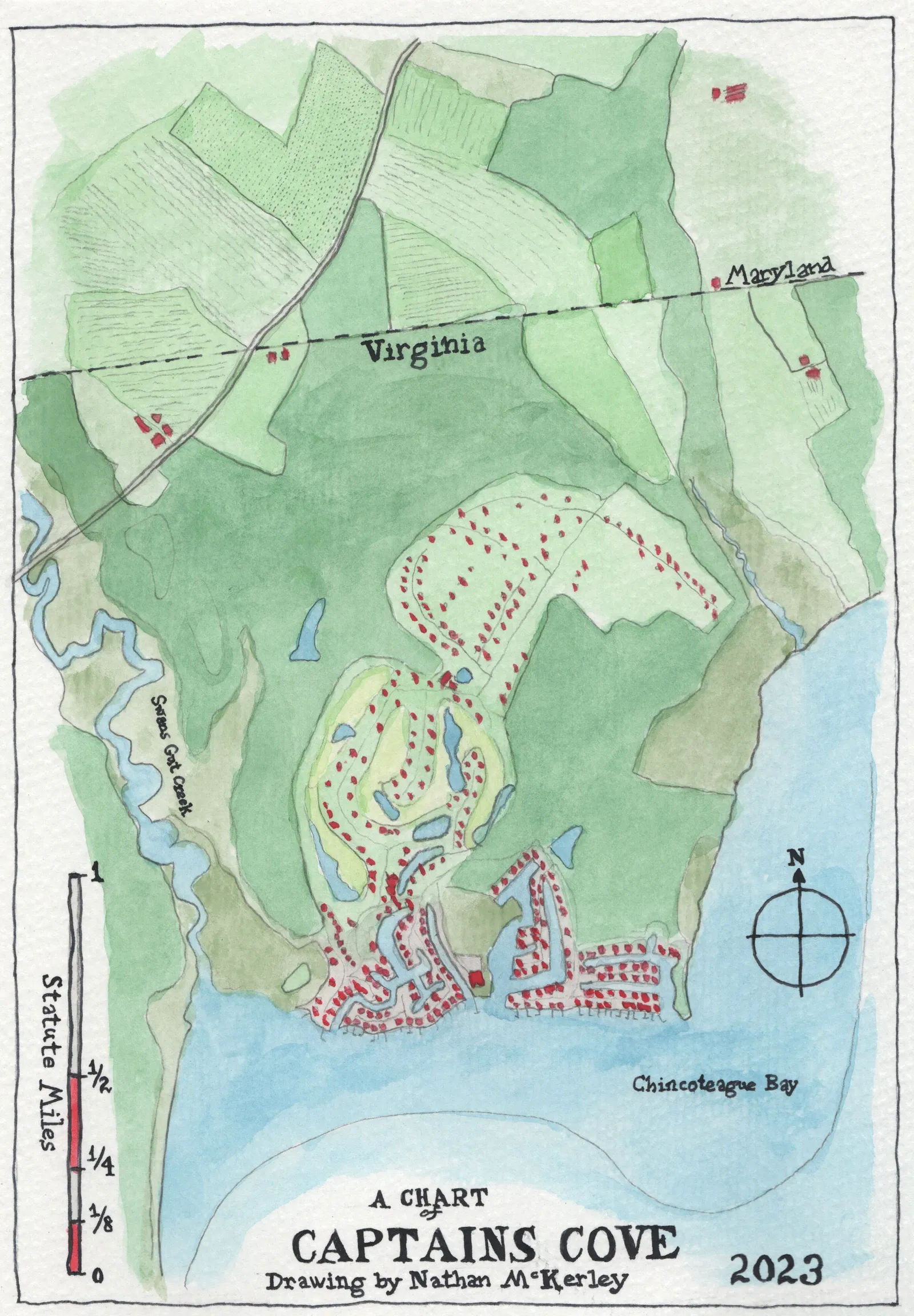 Completed watercolor map of Captain's Cove, Virginia