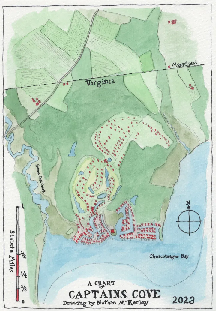 Completed watercolor map of Captain's Cove, Virginia