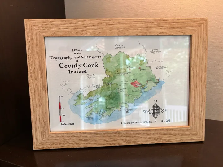 Framed watercolor map of County Cork, Ireland
