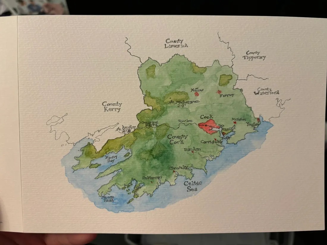 Completed County Cork watercolor map before framing