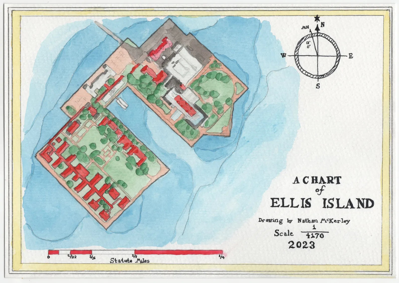 Completed watercolor map of Ellis Island, New York