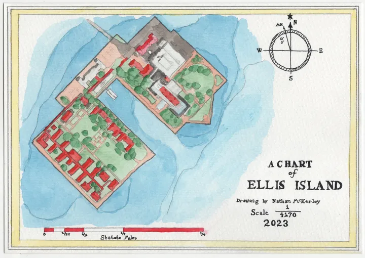Completed watercolor map of Ellis Island, New York