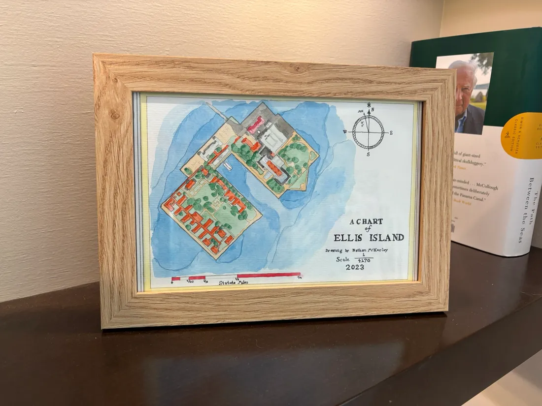 Framed Ellis Island watercolor map