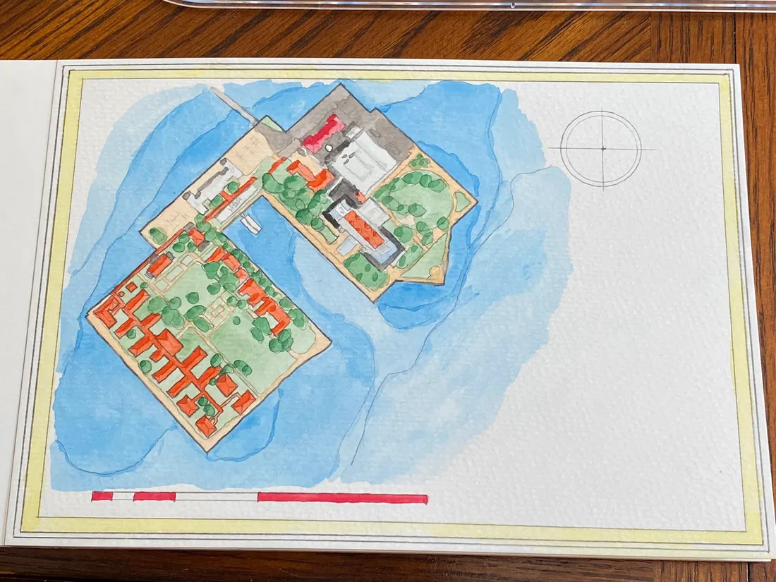 In-process watercolor map of Ellis Island