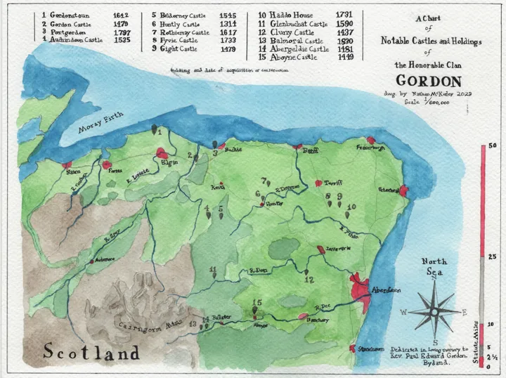 Completed watercolor map of Gordon Holdings in Scotland