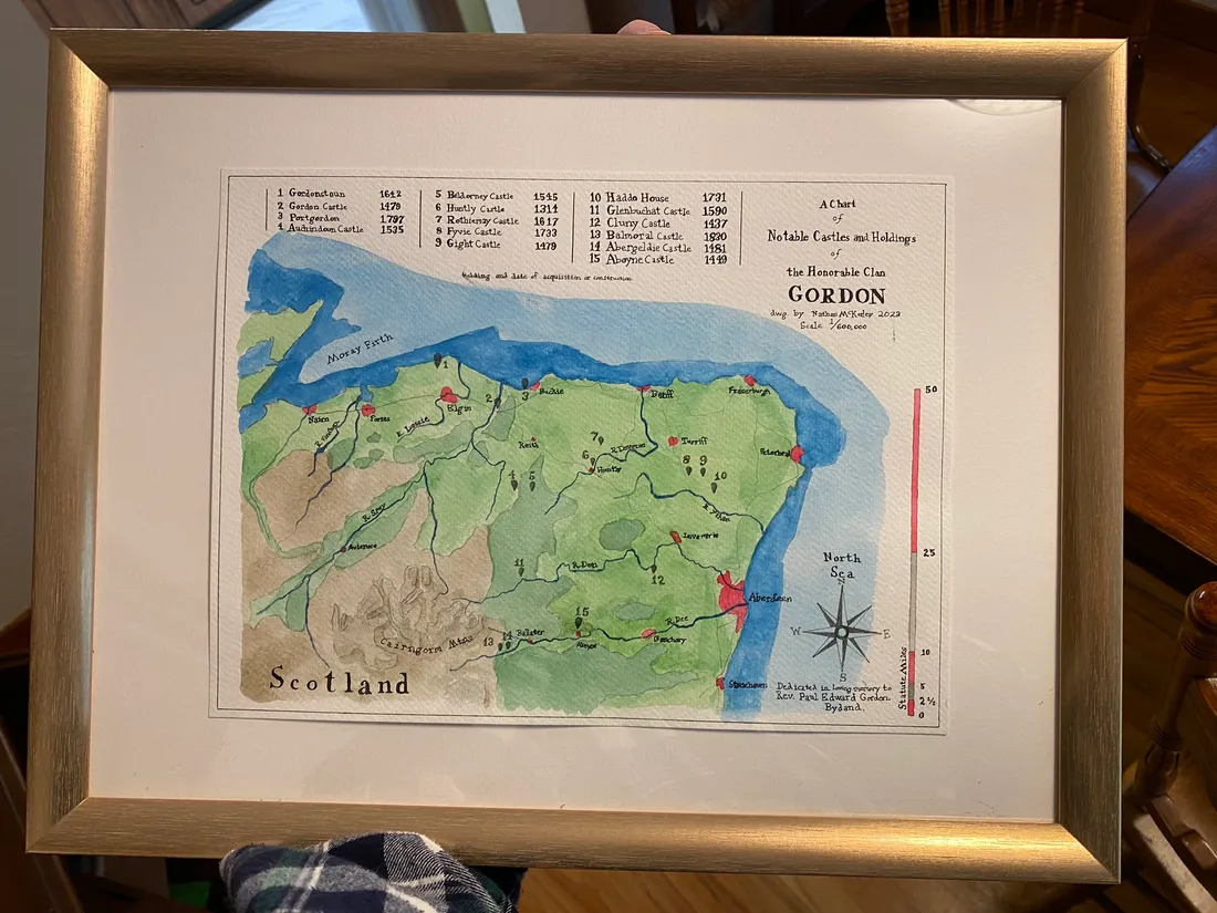 Framed Gordon Holdings watercolor map