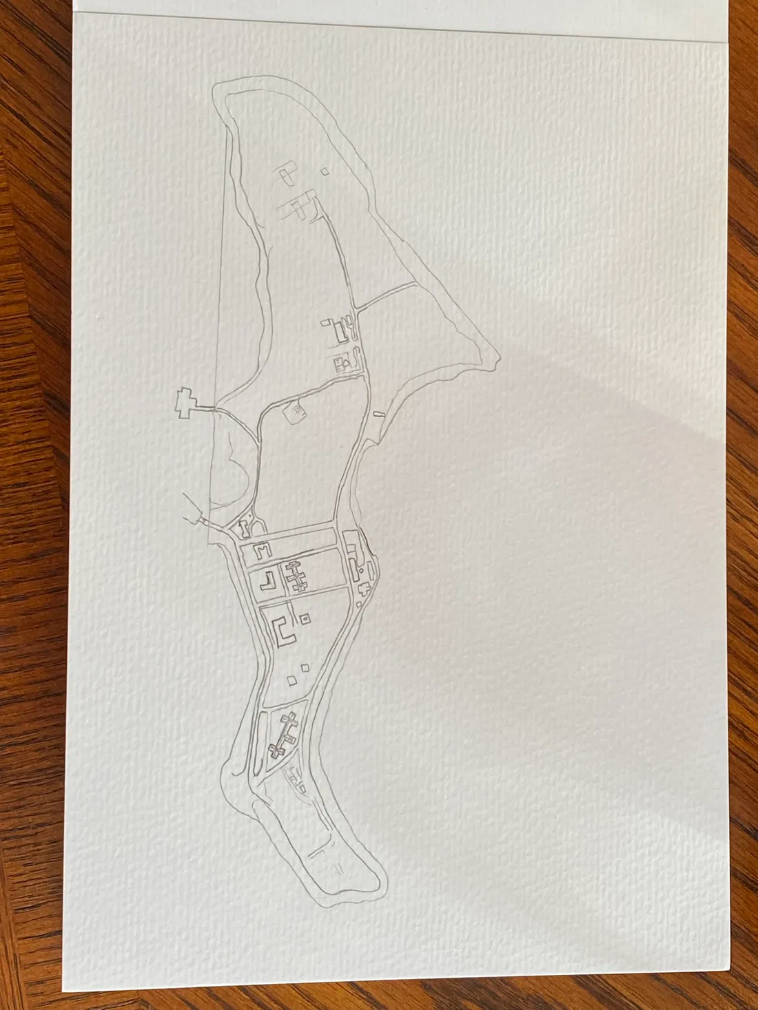 Pencil sketch stage for the Hart Island map