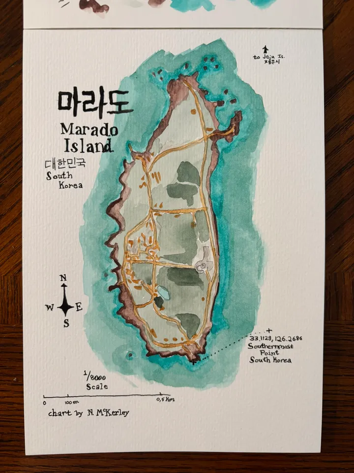 Completed watercolor map of Marado Island, South Korea