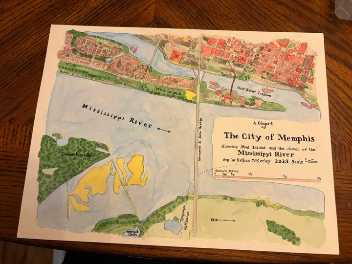 Completed watercolor map of Memphis, TN