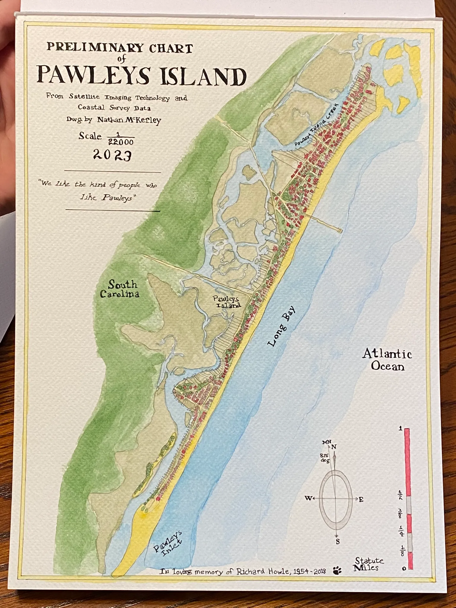 Completed watercolor map of Pawleys Island, South Carolina